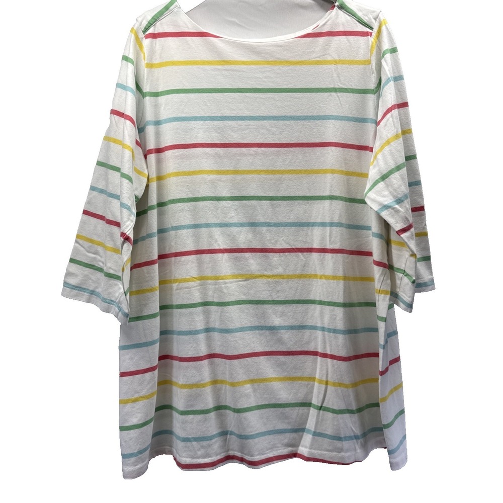 Denim & Co Women's Top 1X Plus Rainbow Stripe 3/4 Sleeves Pullover Cotton Blend